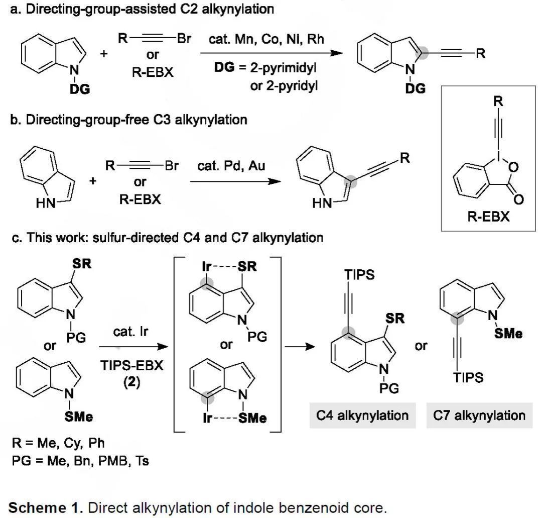Angew：大阪大學Masahiro Miura組實現(xiàn)了銥催化吲哚C4和C7位上的炔基化反應