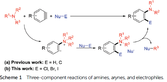 叔胺和芳炔與有機鹵化物三組分生成2-鹵代芳香族叔胺的反應